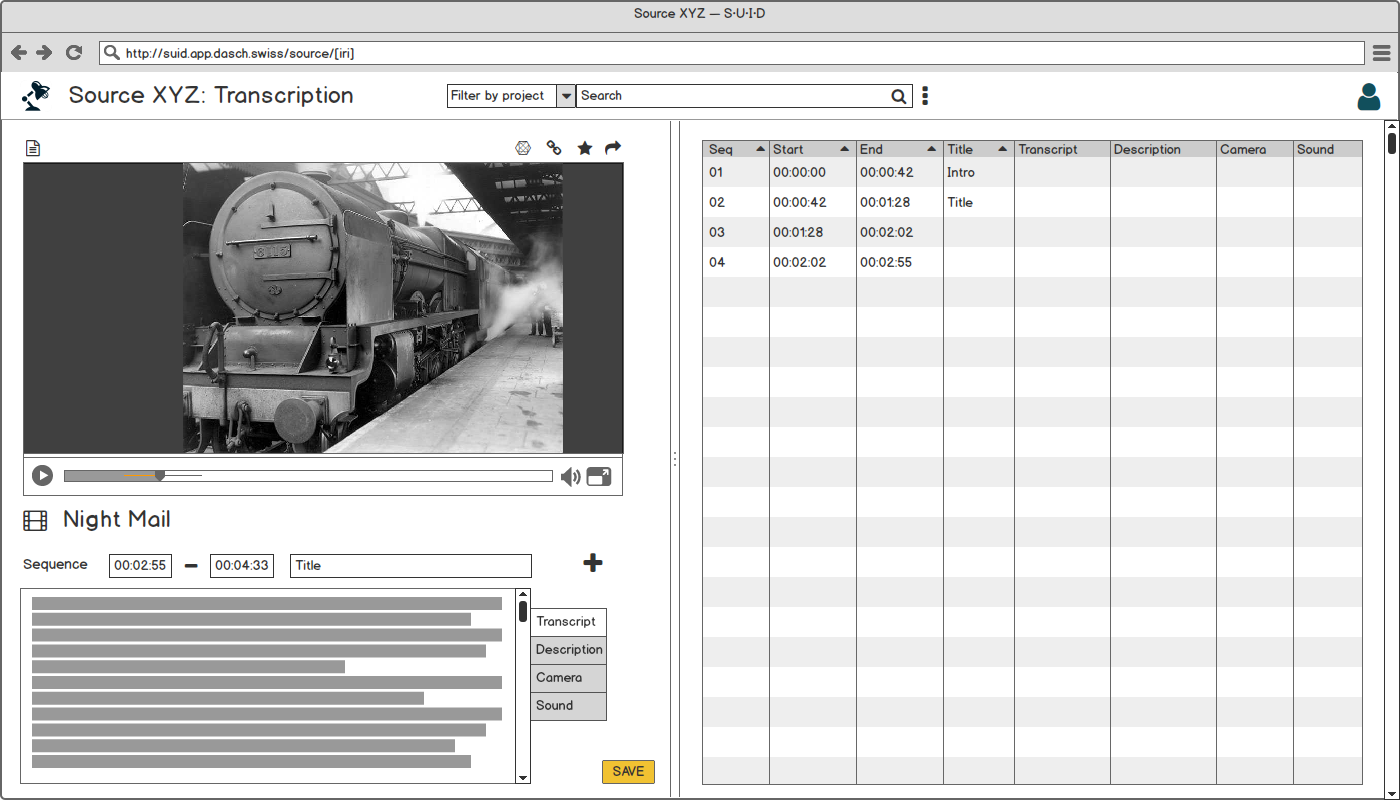 Single source fullframe view with the transcription tool at the bottom. The source type in this example is "Video" with a table-based sequence protocol on the right hand-side.