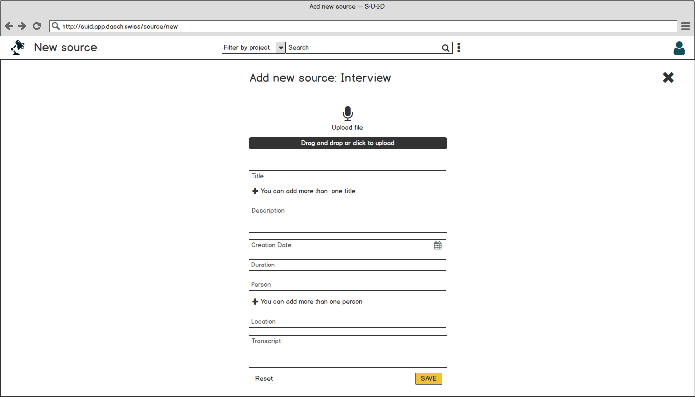 Create new source e.g. upload audio file of an interview.