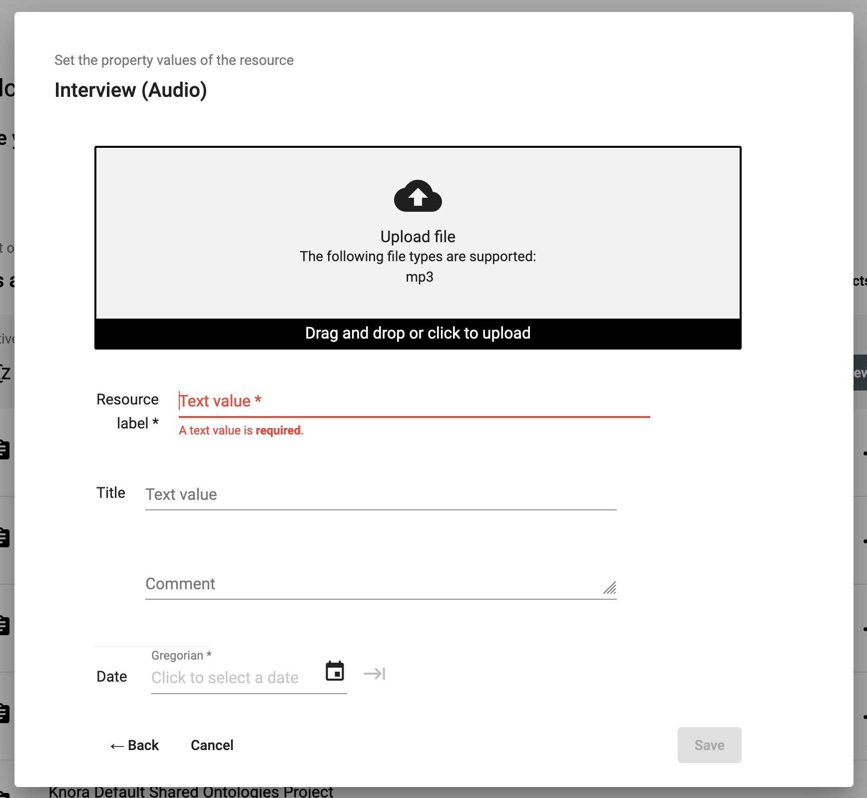 Create a new resource instance e.g. a new audio file