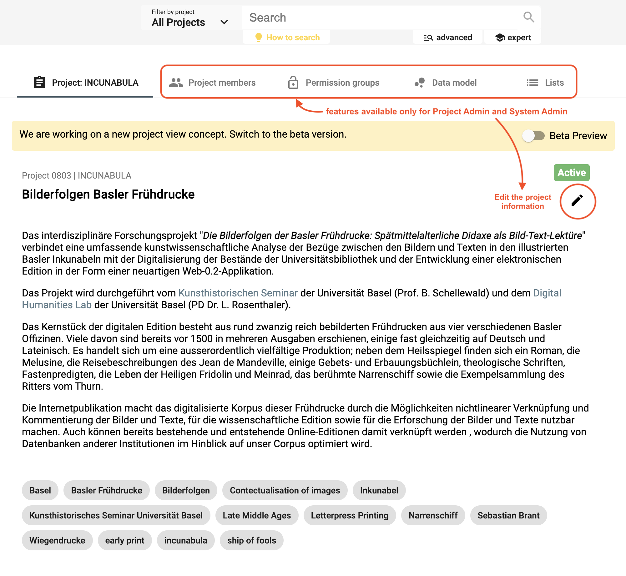 Project management available functionalities