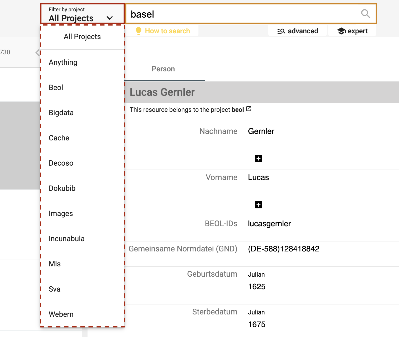 Filter your full-text search by specific project