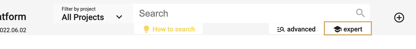 Expert search link is findable in the search menu at the right of the full-text search field.