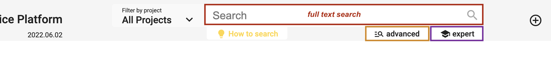 Search bar with the 3 search modes: full-text, advanced, and expert