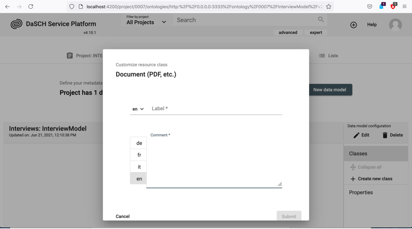 Create a class with type *Document*.