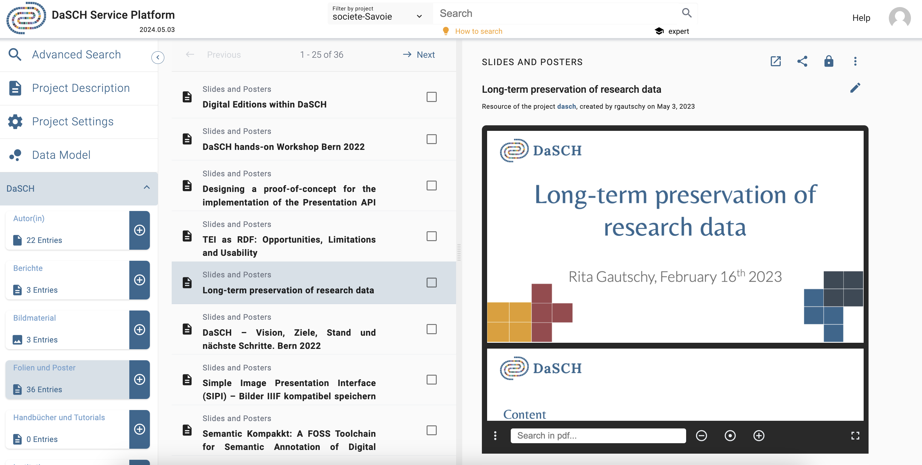 Single resource view. The resource type in this example is "Slides and Posters".